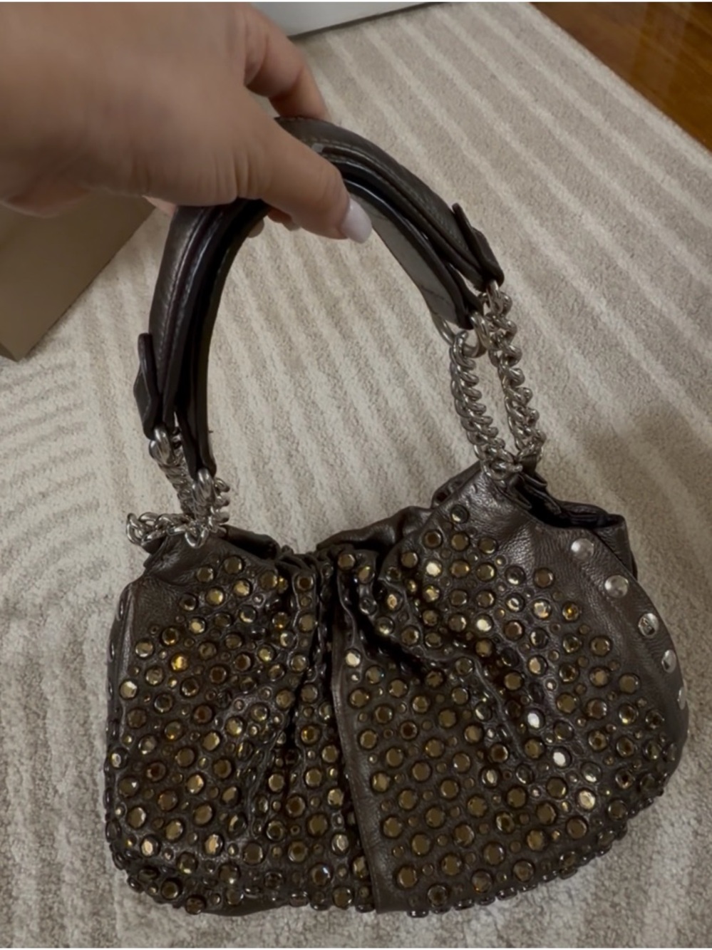 Sonia Rykiel Brown Studded Shoulder Bag with Chain Handles